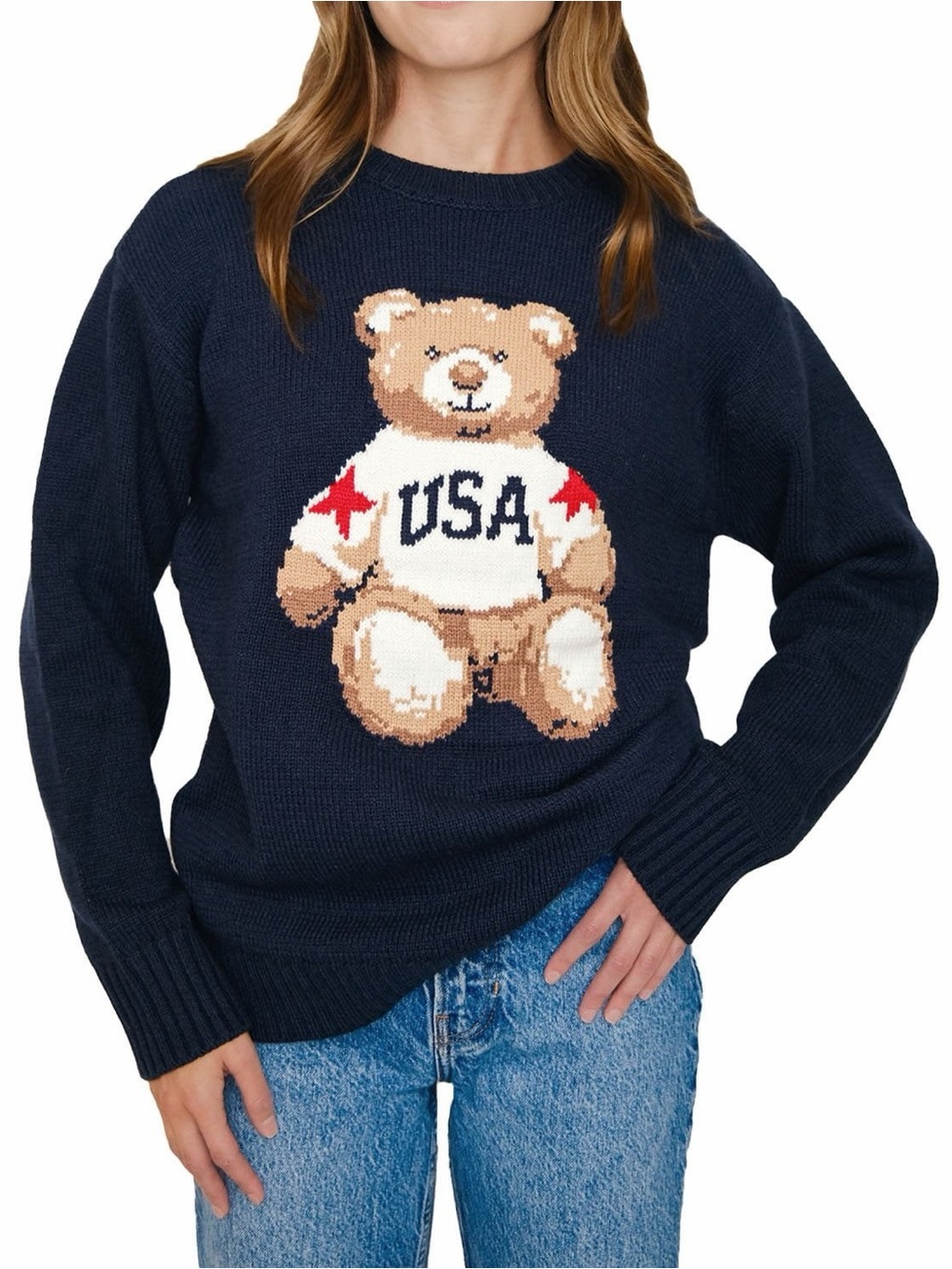 Mighty Fine USA Teddy Bear Navy Knit Sweater XXL Americana Oversized